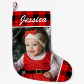Schattigee Baby Foto en Naam Plaid Kleine Kerstsok (Voorkant)