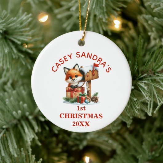 Schattigee Baby Fox Eerste Kerstdag Gepersonalisee Keramisch Ornament (Boom)