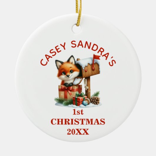 Schattigee Baby Fox Eerste Kerstdag Gepersonalisee Keramisch Ornament (Voorkant)