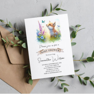 Schattigee Baby Fox en Butterfly Baby shower Kaart