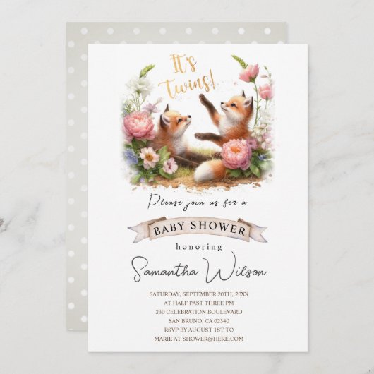 Schattigee Baby Fox Het is tweeling Baby shower Ui Kaart (Voorkant / Achterkant)