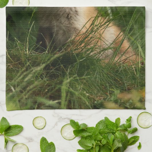 Schattigee Baby Fox in een groen bos Theedoek (Gevouwen)