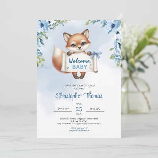 Schattigee baby fox met papieren banner zegt Welko Kaart (Staand voorkant)