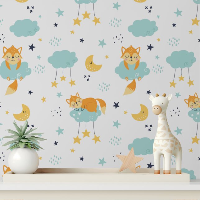 Schattigee Baby Fox Moon Stars Kinder Patroon Behang (Creator heeft geüpload)