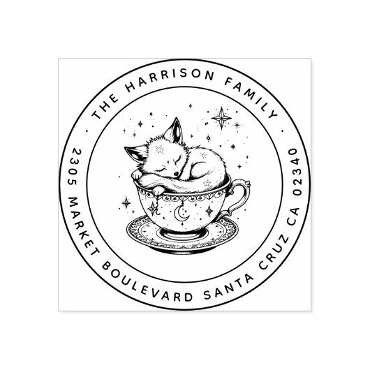 Schattigee Baby Fox opgekruld in Teacup Return-adr Rubberstempel (Afrduk)