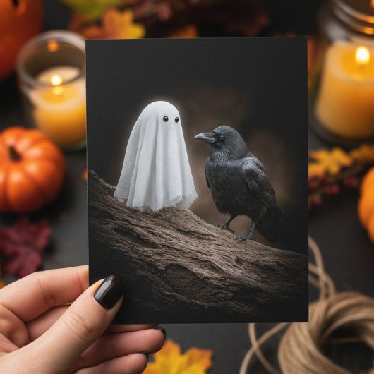 Schattigee Baby Ghost en Raven Halloween Briefkaart