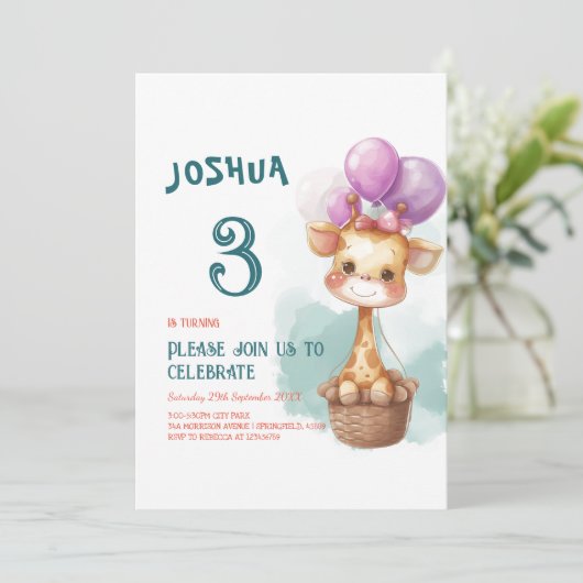 Schattigee Baby Giraffe I Balloons Kids verjaardag Kaart (Staand voorkant)