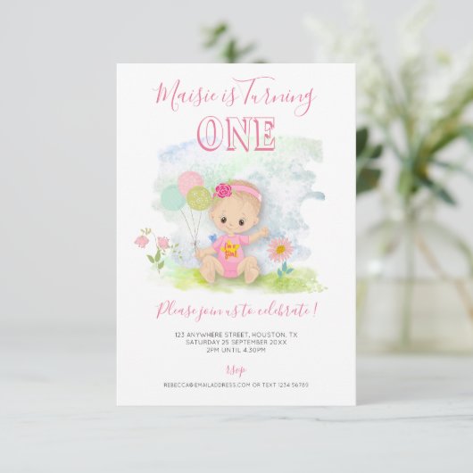 Schattigee Baby Girl Illustratie 1e Verjaardagsfee Kaart (Staand voorkant)