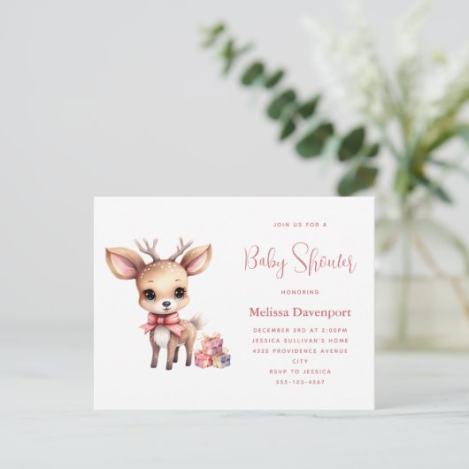 Schattigee Baby herten met geschenken Baby shower Uitnodiging Briefkaart (Staand voorkant)