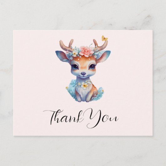 Schattigee Baby Herten met gewei en bloemen Dank u Briefkaart (Voorkant)