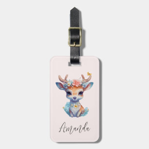 Schattigee Baby Herten met geweien en bloemen Bagagelabel
