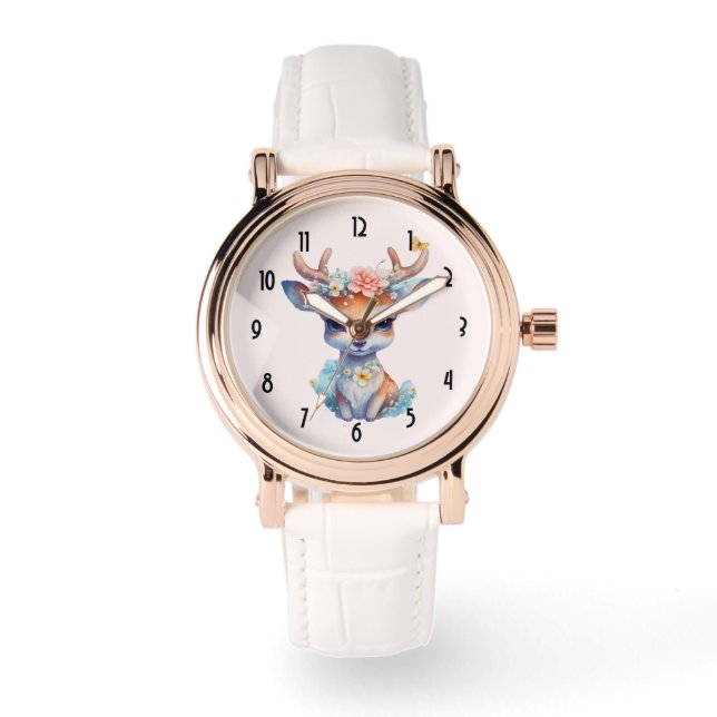 Schattigee Baby Herten met geweien en bloemen Horloge (Voorkant)