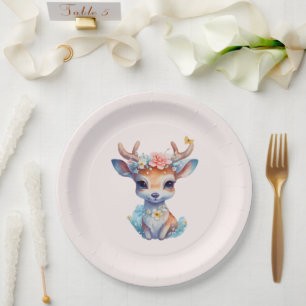 Schattigee Baby Herten met geweien en bloemen Papieren Bordje
