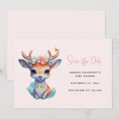 Schattigee Baby Herten met geweien en bloemen Save The Date (Voorkant / Achterkant)