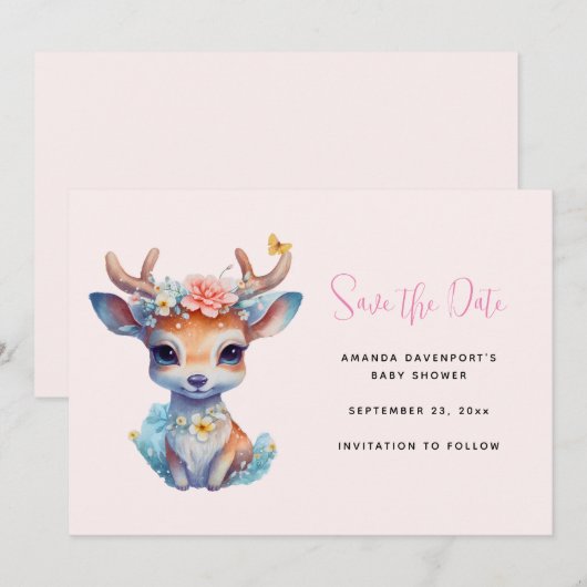 Schattigee Baby Herten met geweien en bloemen Save The Date (Voorkant / Achterkant)