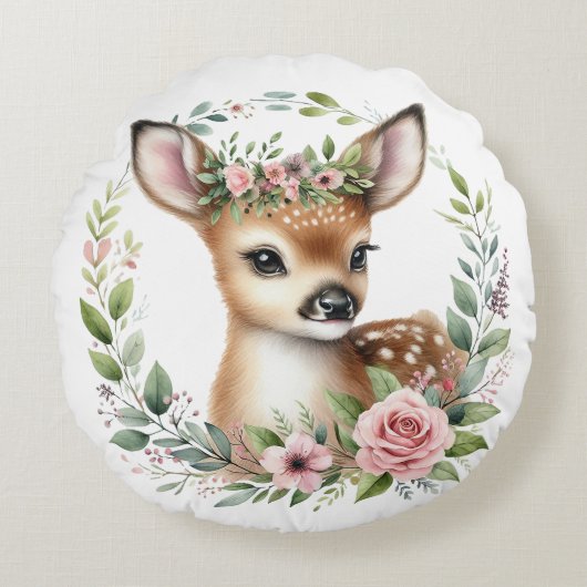 Schattigee Baby herten met roze bloemen Rond Kussen (Voorkant)