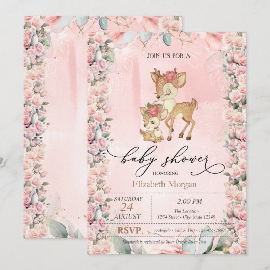 Schattigee Baby Herten Rozen Border Baby shower Kaart (Voorkant / Achterkant)