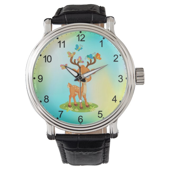 Schattigee Baby herten spelen met Butterfles-23475 Horloge (Voorkant)
