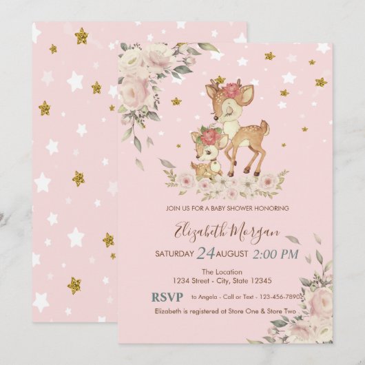 Schattigee Baby Hertenbloemen, Sterren Baby shower Kaart (Voorkant / Achterkant)