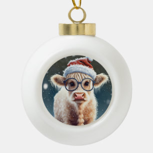 Schattigee baby Highland Koe in de sneeuw Keramische Bal Ornament