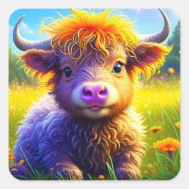 Schattigee Baby Highland Koe in het veld of bloeme Vierkante Sticker