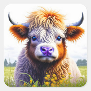 Schattigee Baby Highland Koe in het veld of bloeme Vierkante Sticker