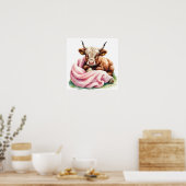 Schattigee Baby Highland Koe met bloemen – Boerder Poster (Keuken)
