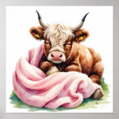 Schattigee Baby Highland Koe met bloemen – Boerder Poster (Voorkant)
