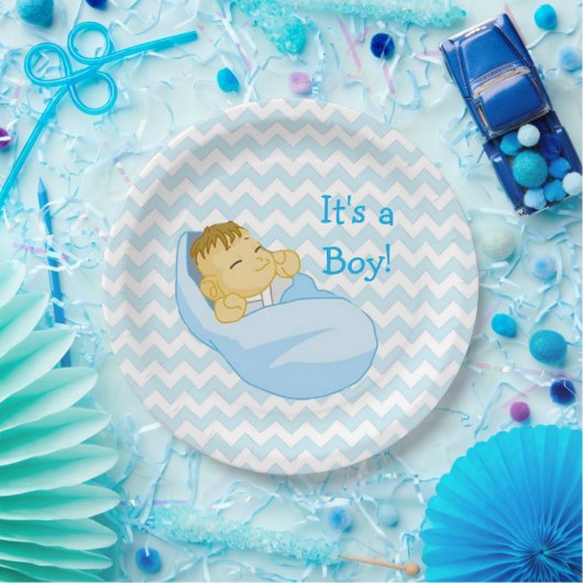 Schattigee Baby in Blue, "It's a Boy" Baby shower  Papieren Bordje (Feest)