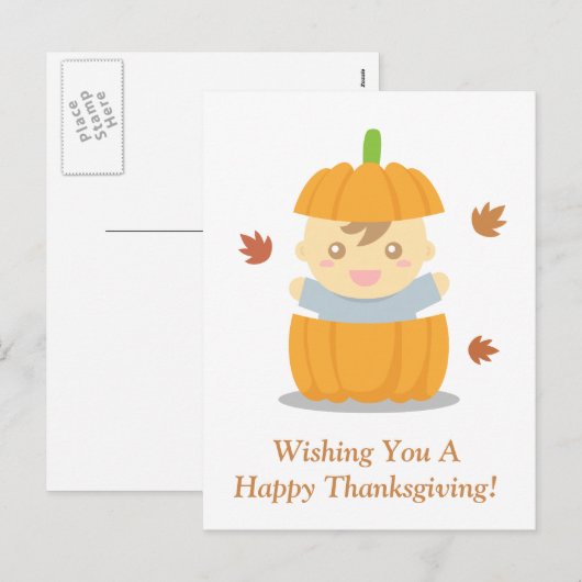 Schattigee Baby in pompoen, eerste Happy Thanksgiv Feestdagenkaart (Voorkant / Achterkant)