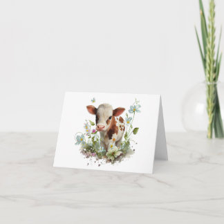 Schattigee Baby Kalf Koe in Veld van Bloemen BLANK Kaart