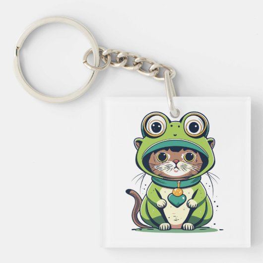 Schattigee Baby Kat met Kikker Pet Sleutelhanger (voorkant)