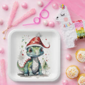 Schattigee Baby-kerstdinosaurus in een kerstmuts Papieren Bordje (Feest)