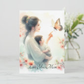 Schattigee Baby kijken vlinder met mam Moederdag Feestdagenkaart (Staand voorkant)