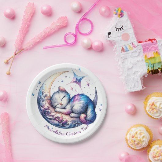 Schattigee Baby Kitten slapen op de maan Papieren Bordje (Feest)