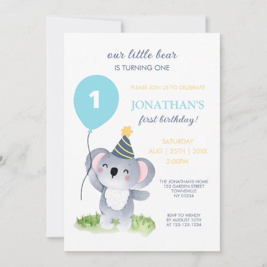 Schattigee Baby Koala Balloon Party Pet Verjaardag Kaart (Voorkant)