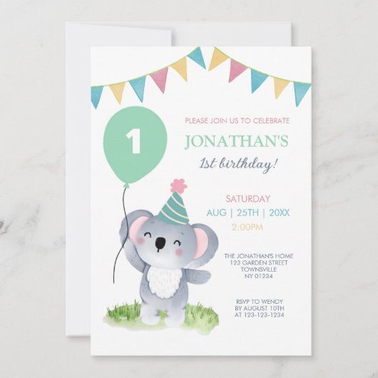 Schattigee Baby Koala Balloon Party Vlag Verjaarda Kaart (Voorkant)
