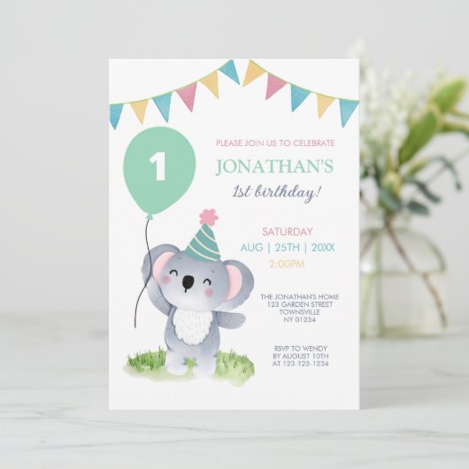 Schattigee Baby Koala Balloon Party Vlag Verjaarda Kaart (Staand voorkant)