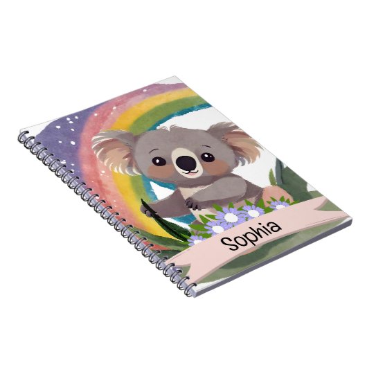 Schattigee Baby Koala Rainbow Aangepaste naam Notitieboek (Rechterzijde)