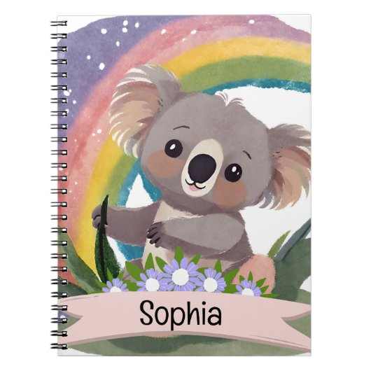 Schattigee Baby Koala Rainbow Aangepaste naam Notitieboek (Voorkant)