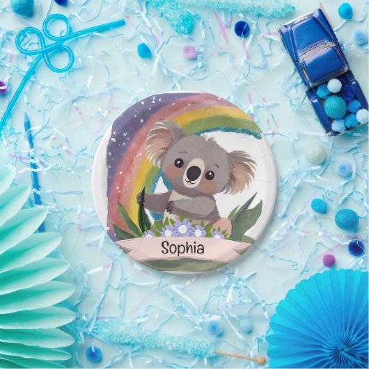 Schattigee Baby Koala Rainbow Aangepaste naam Papieren Bordje (Feest)