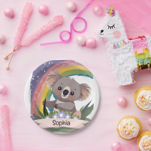 Schattigee Baby Koala Rainbow Aangepaste naam Papieren Bordje (Feest)