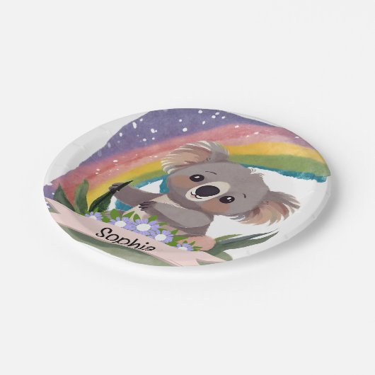 Schattigee Baby Koala Rainbow Aangepaste naam Papieren Bordje (Gekanteld)
