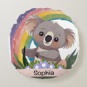 Schattigee Baby Koala Rainbow Aangepaste naam Rond Kussen