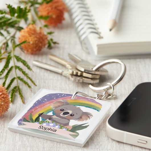 Schattigee Baby Koala Rainbow Aangepaste naam Sleutelhanger (Voorkant Rechts)