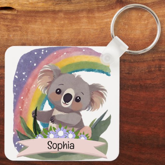 Schattigee Baby Koala Rainbow Aangepaste naam Sleutelhanger (Achterkant)