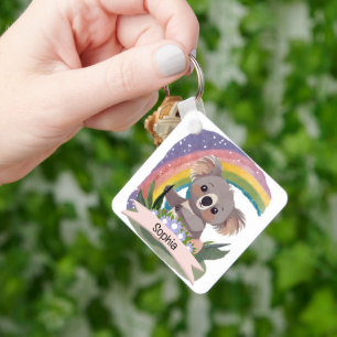 Schattigee Baby Koala Rainbow Aangepaste naam Sleutelhanger
