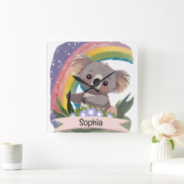 Schattigee Baby Koala Rainbow Aangepaste naam Vierkante Klok