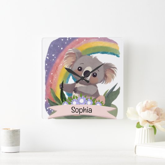 Schattigee Baby Koala Rainbow Aangepaste naam Vierkante Klok (Huis)
