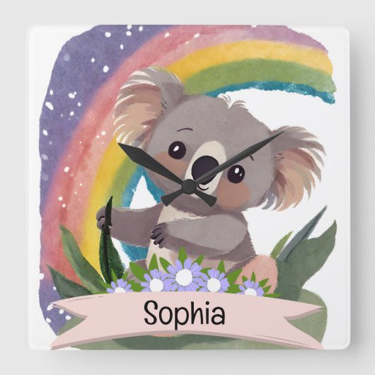 Schattigee Baby Koala Rainbow Aangepaste naam Vierkante Klok (Voorkant)